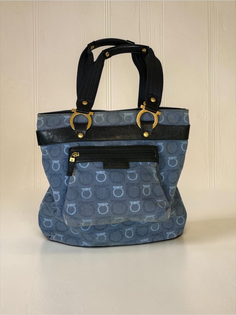 Salvatore Ferragamo Blue Logo Jacquard Tote with Black Trim